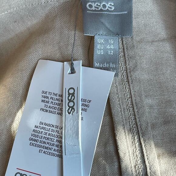 ASOS DESIGN linen mini tux dress with belt in stone sz 12 Large NWT - Picture 13 of 16